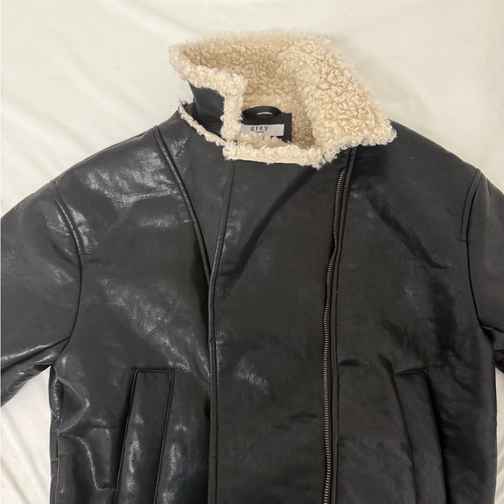 Grey bandit Women's Black leather Jacket with Cream Collar new w tags